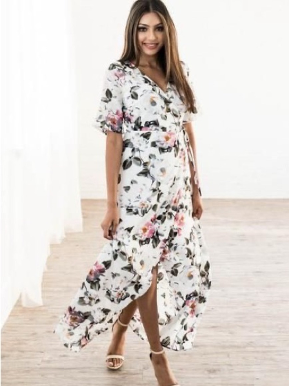 EUC Baltic Born White Pink Floral Wrap Midi Dress with Flutter Sleeves
